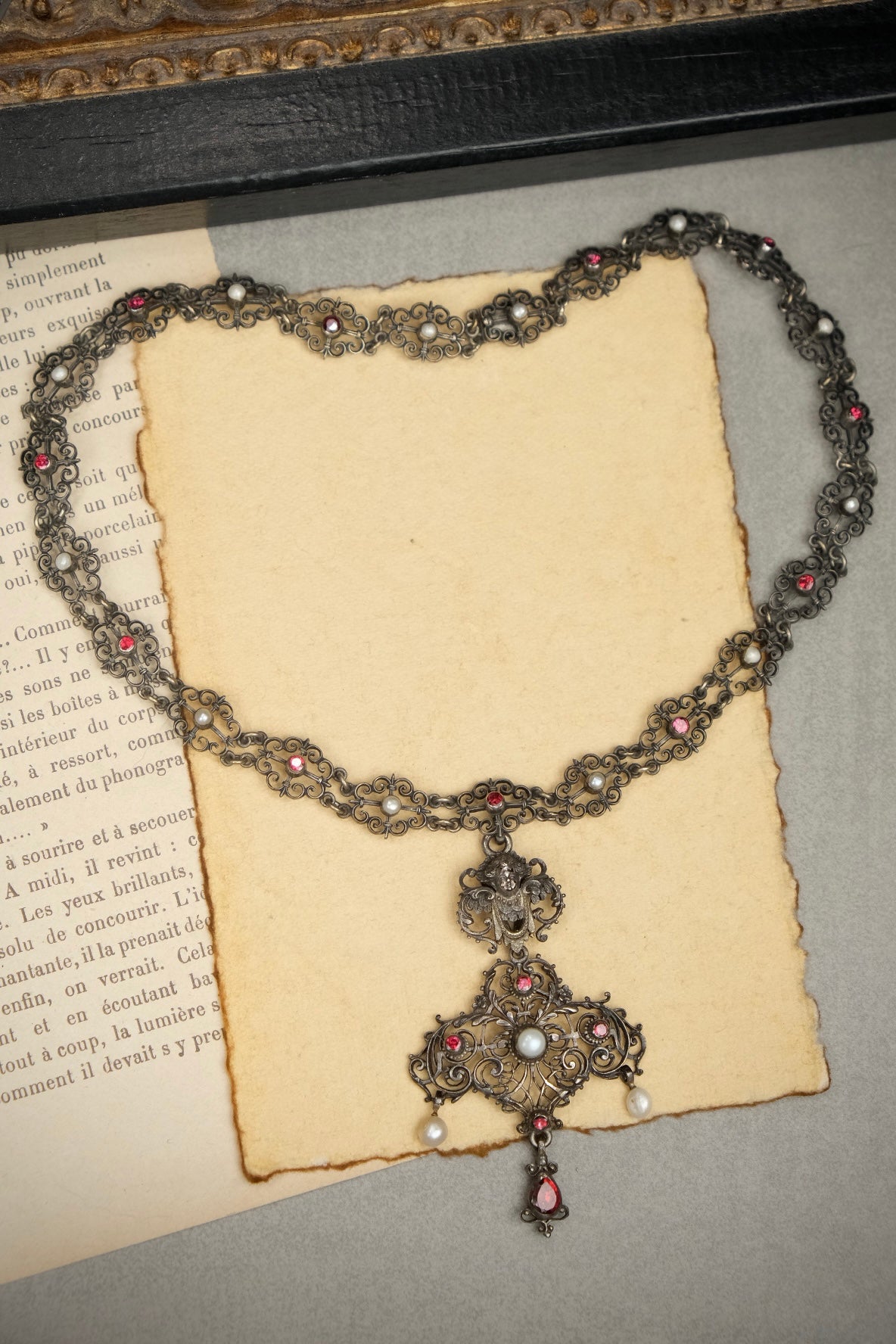 Austria-Hungary Renaissance Revival garnet and pearl necklace view 1