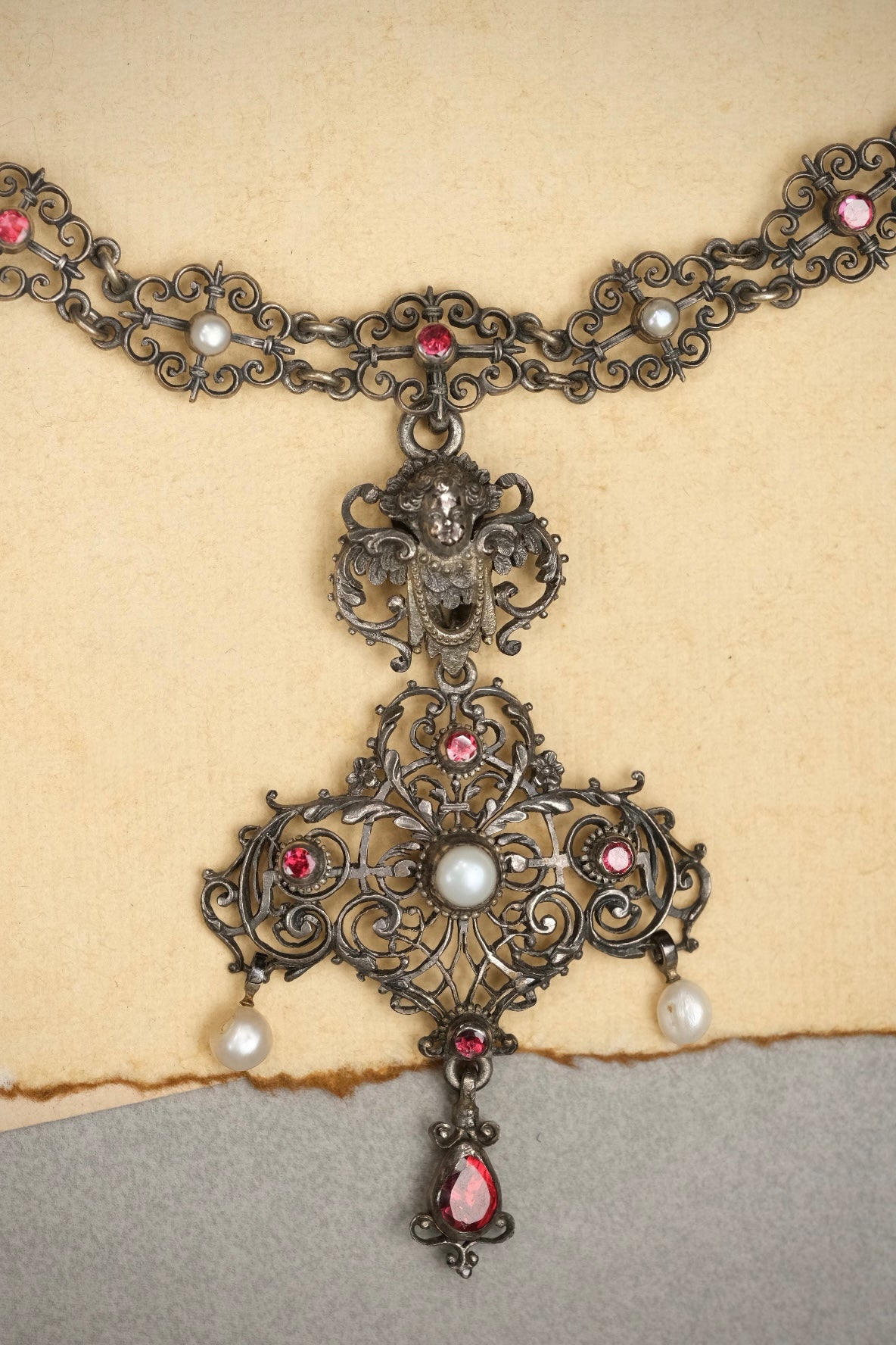 Austria-Hungary Renaissance Revival garnet and pearl necklace view 2