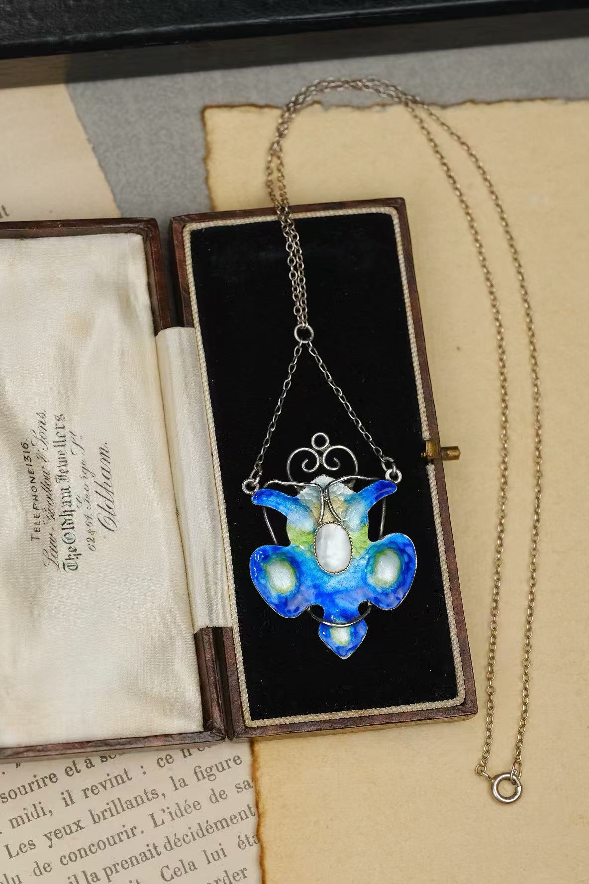 circa 1910s Arts and Crafts sterling silver enamel tulip pendant necklace full view