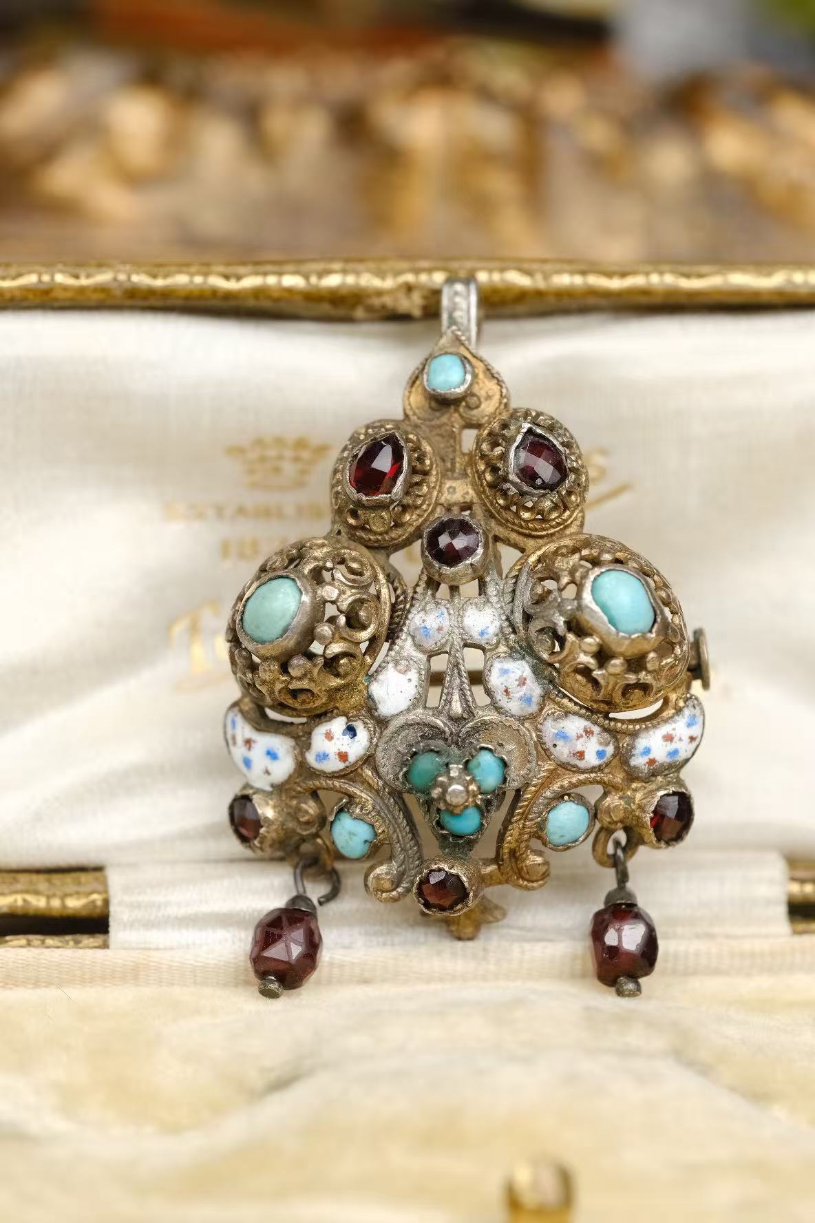 Austria-Hungary silver-gilt enamel turquoise convertible brooch pendant front close-up