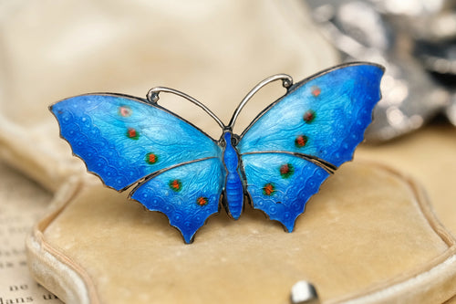 c. 1910 sterling silver enamel peacock-feather butterfly brooch front angled view