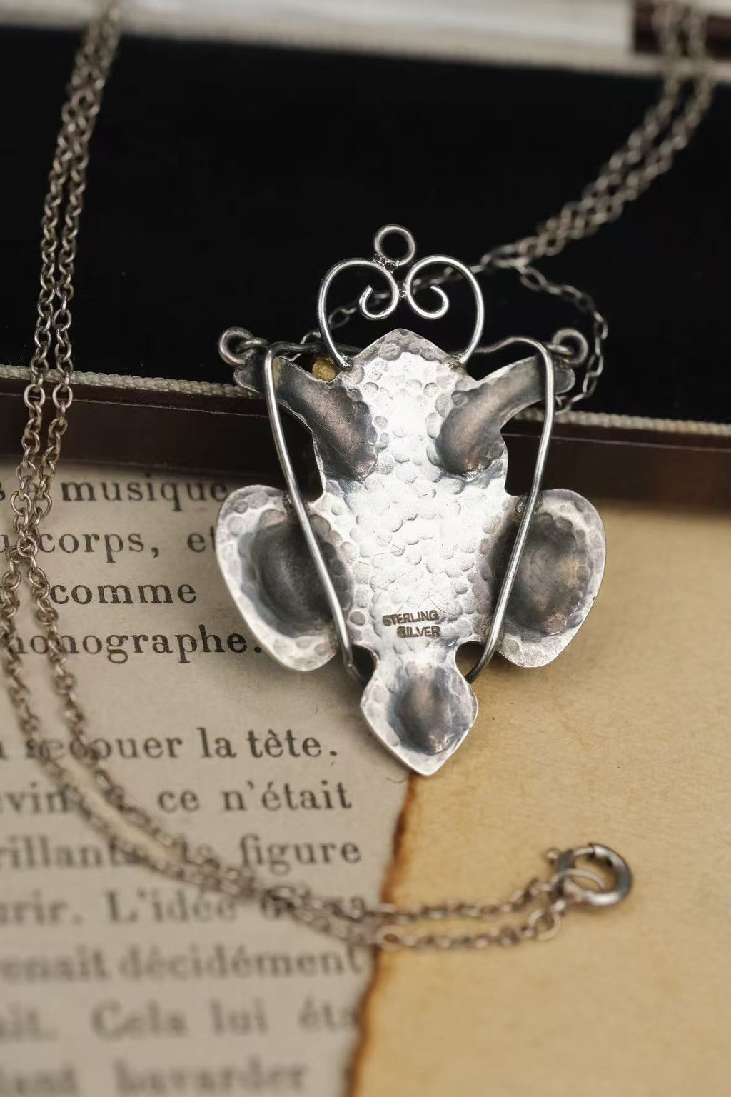 circa 1910s Arts and Crafts sterling silver enamel tulip pendant necklace reverse with Sterling Silver mark