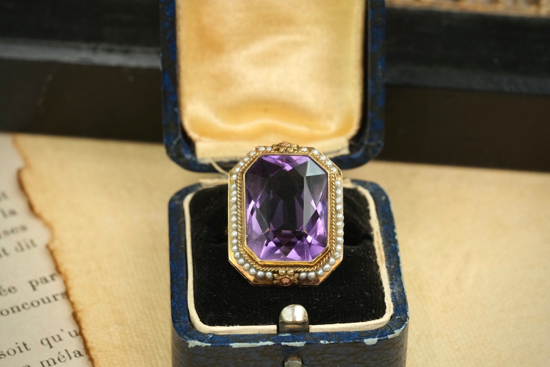 Edwardian 14K amethyst seed pearl ring front view