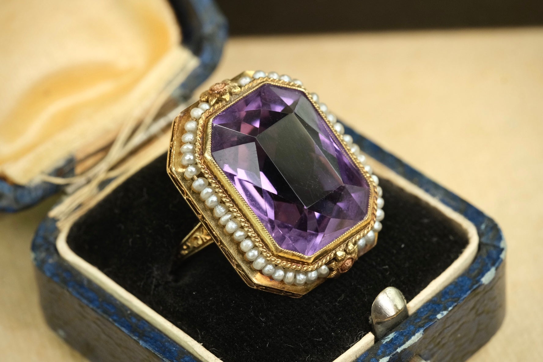 Edwardian 14K amethyst seed pearl ring side gemstone view