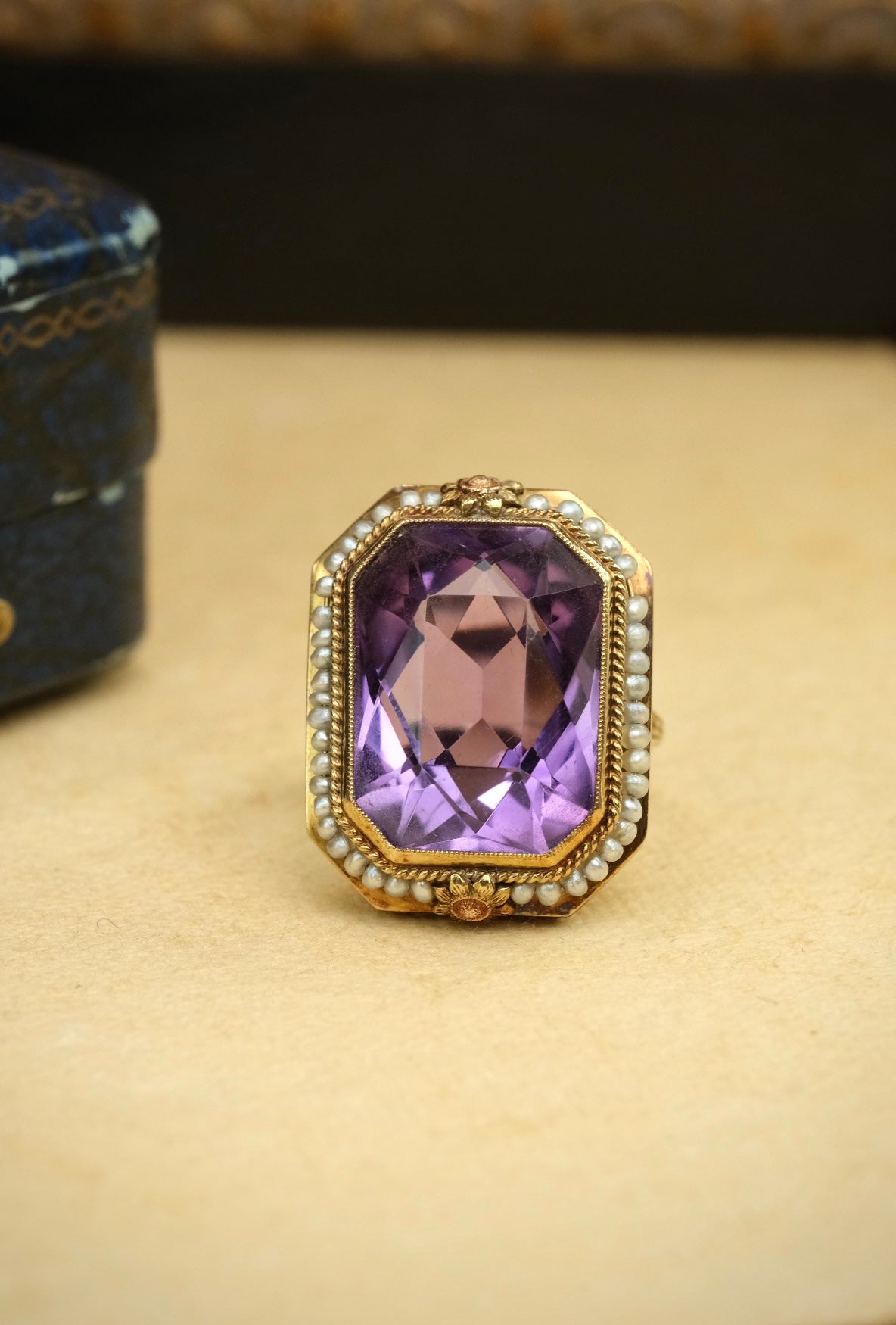 Edwardian 14K amethyst seed pearl ring upright view
