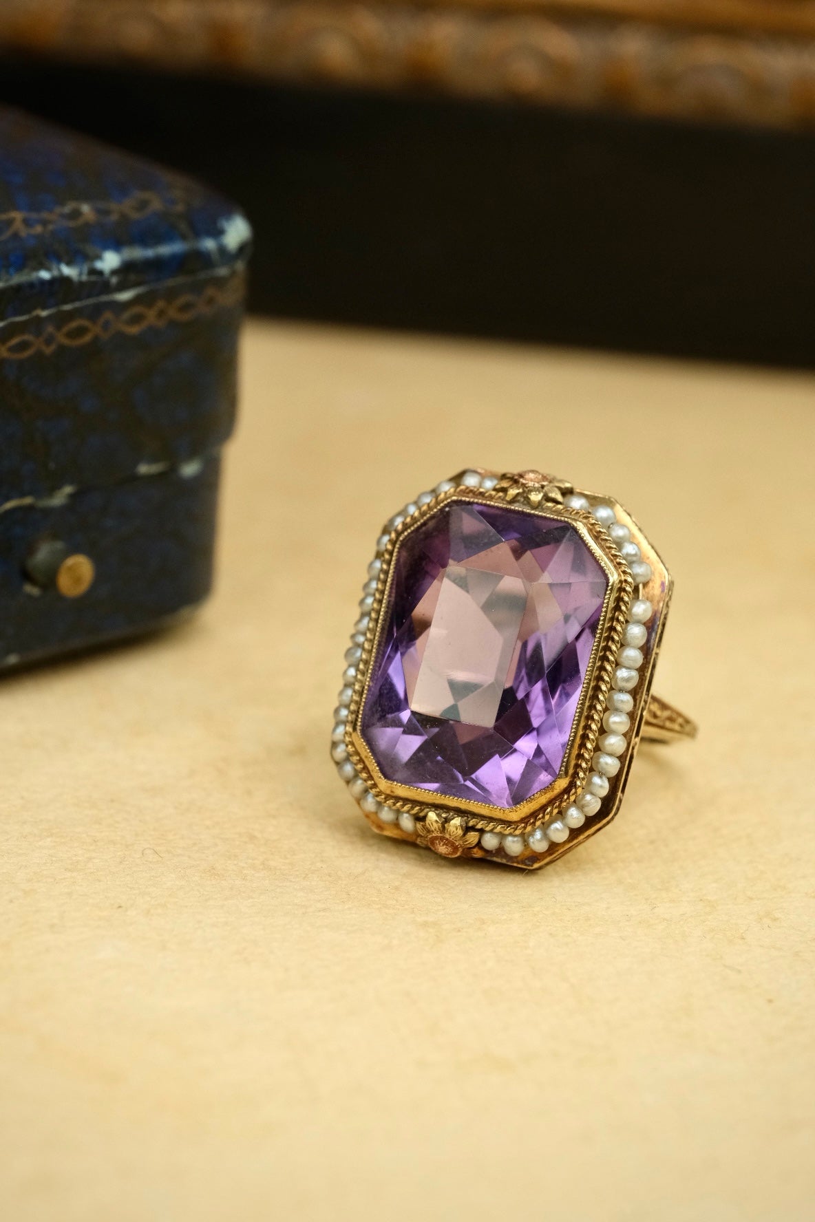Edwardian 14K amethyst seed pearl ring angled view