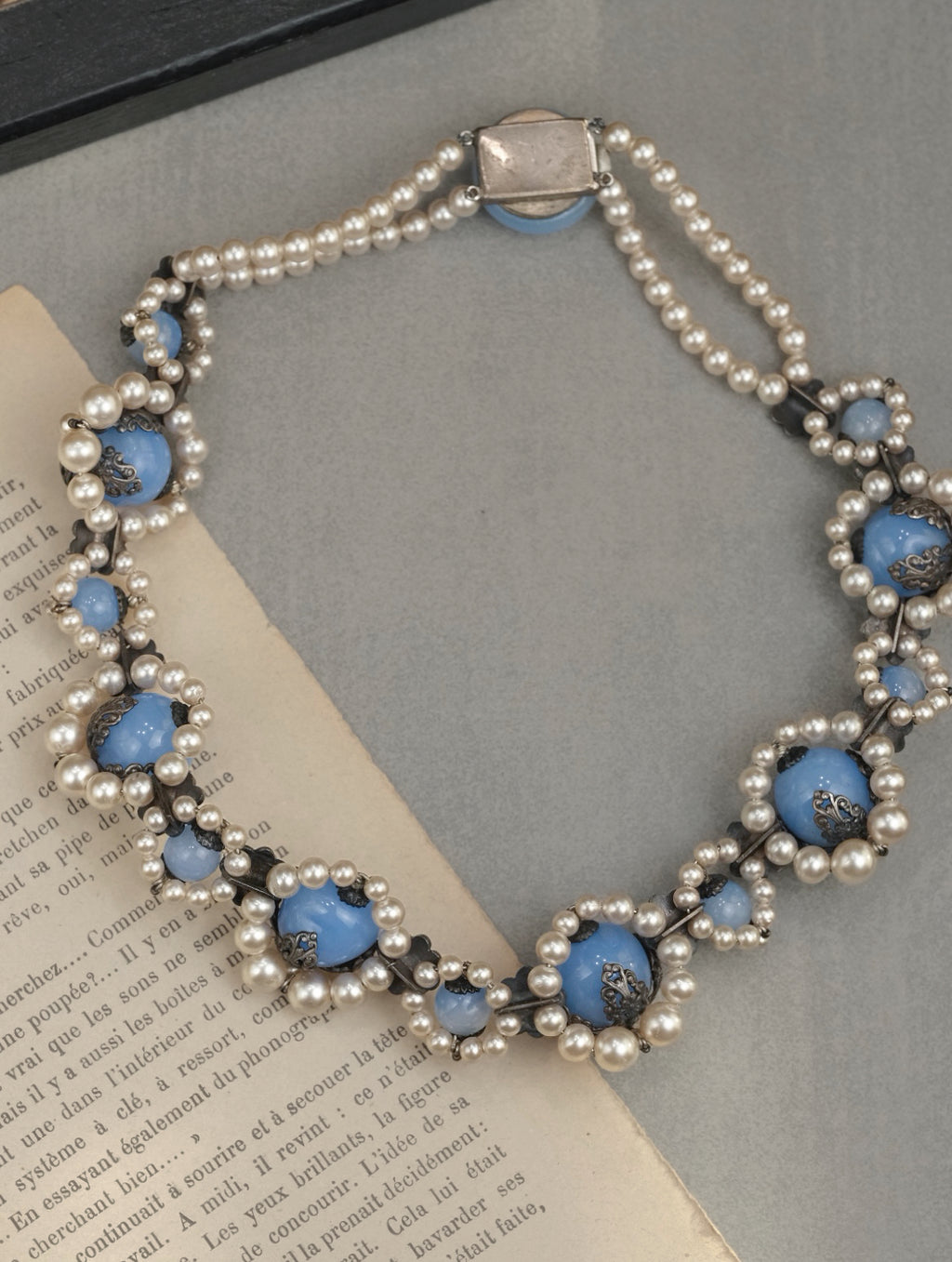 Rare vintage Louis Rousselet blue glass and pearl filigree flower necklace full view
