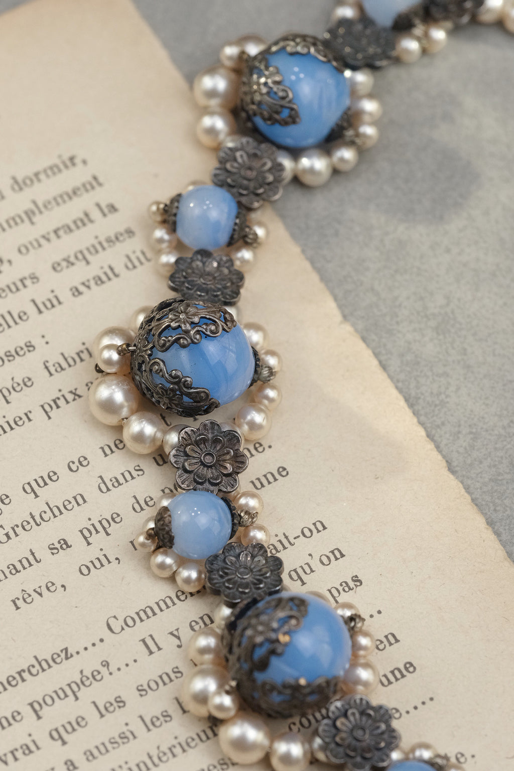 Louis Rousselet blue glass beads and ornate filigree floral elements