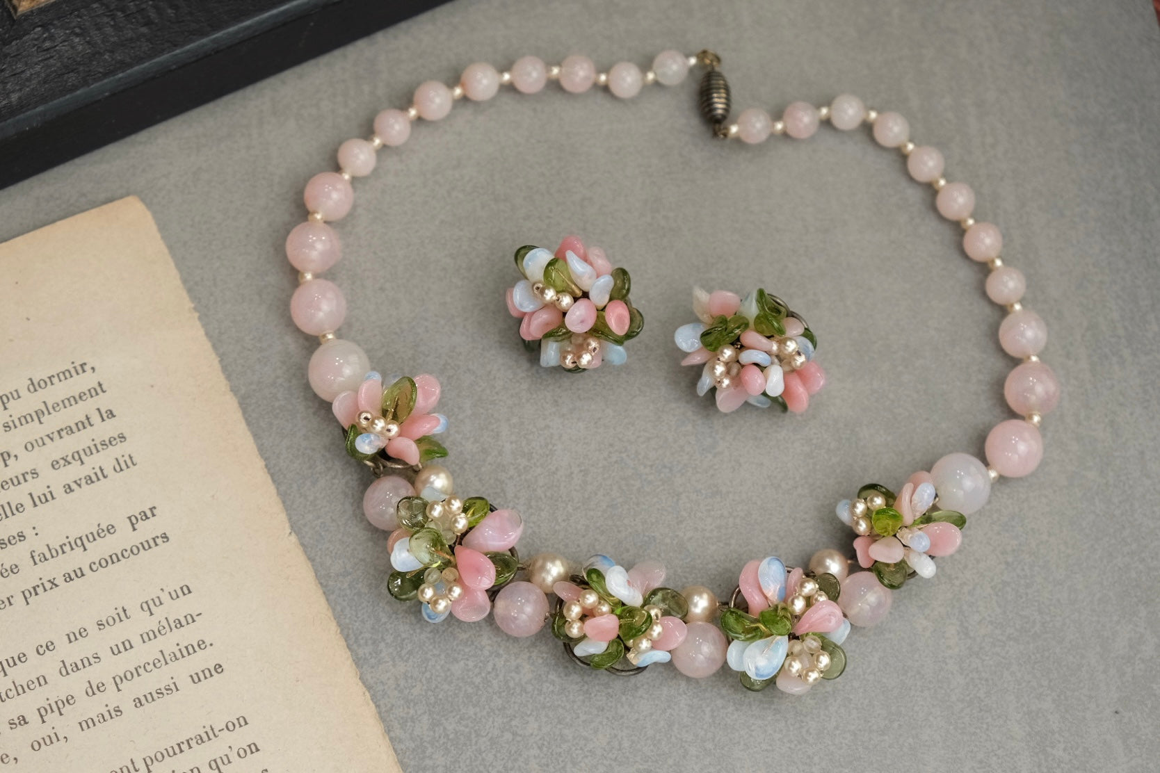 Vintage Louis Rousselet pastel glass flower necklace and Francel signed clip-on earrings set
