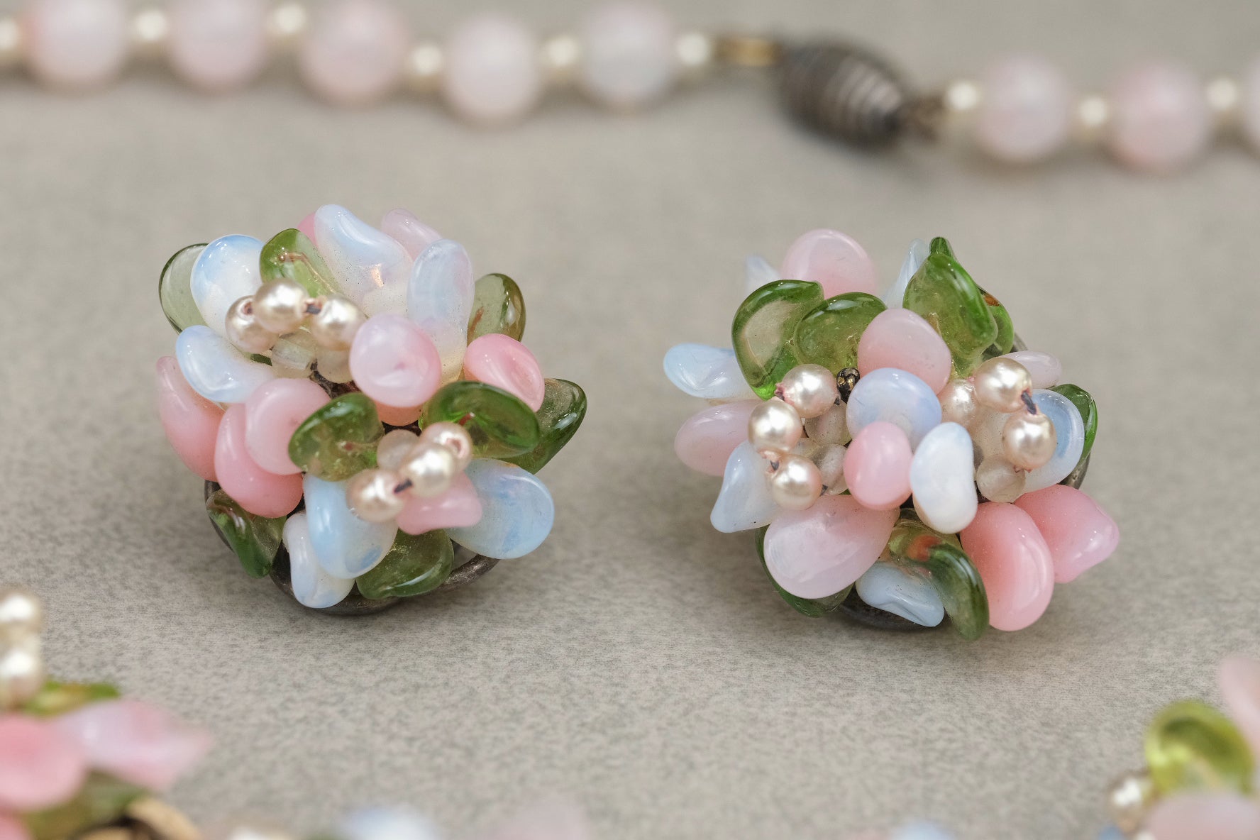 Francel signed pastel glass flower clip-on earrings front view