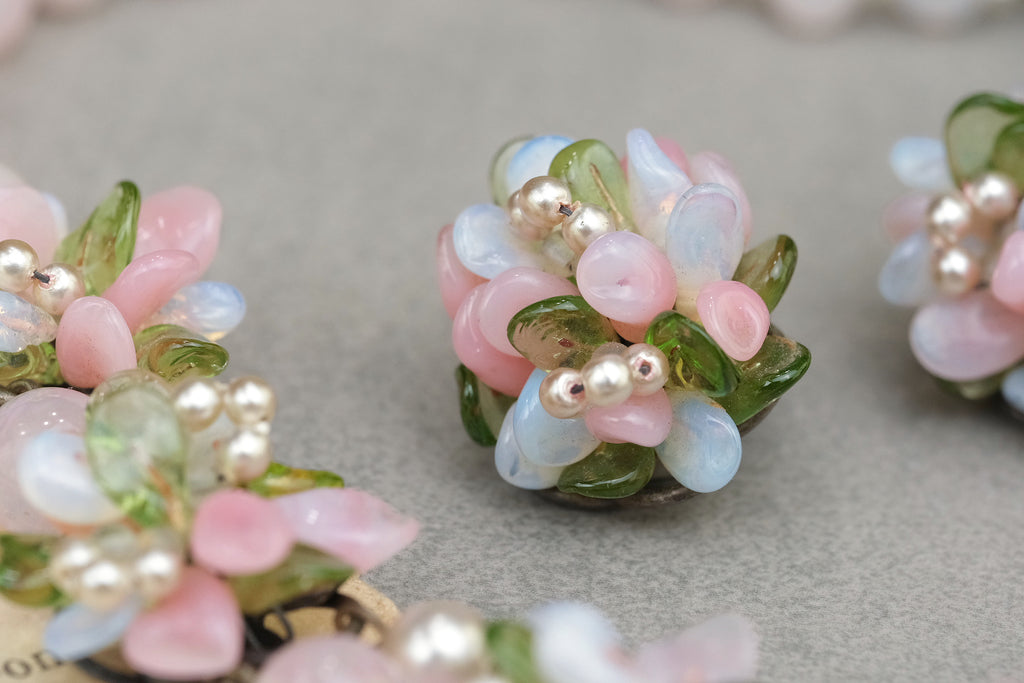 Vintage pastel glass flower clip-on earring close-up