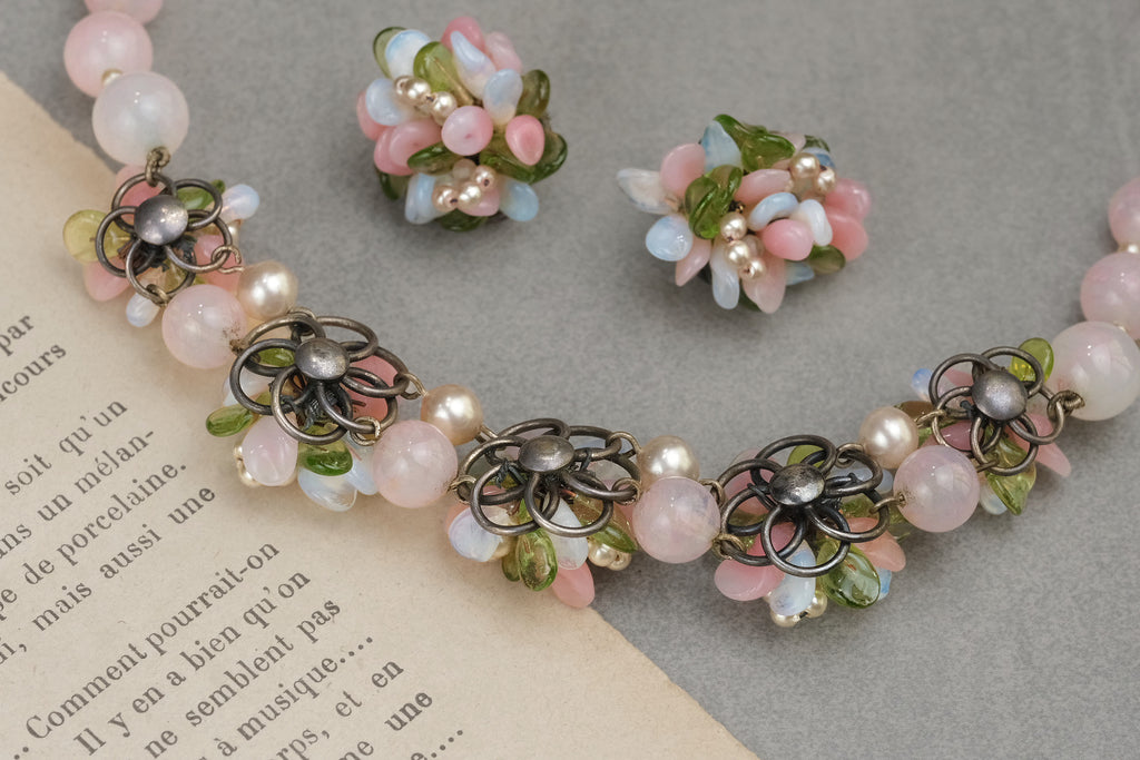Reverse construction of the vintage glass flower necklace and earrings