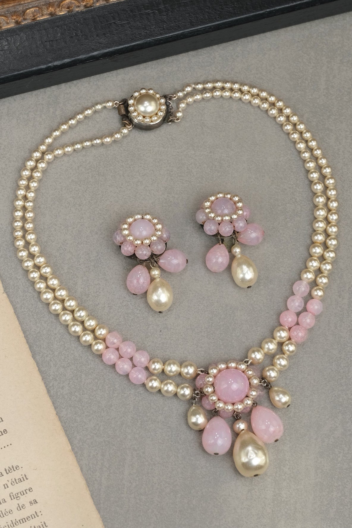 Rare vintage Louis Rousselet pink glass and pearl necklace with clip-on earrings set