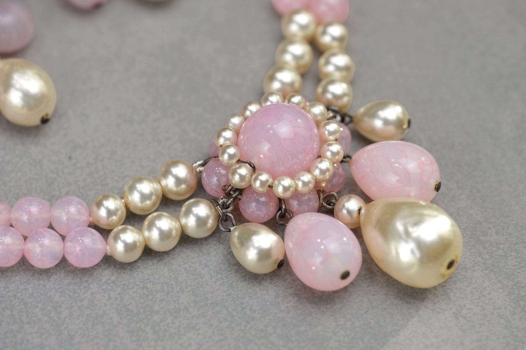 Louis Rousselet pink glass and glass pearl drop detail