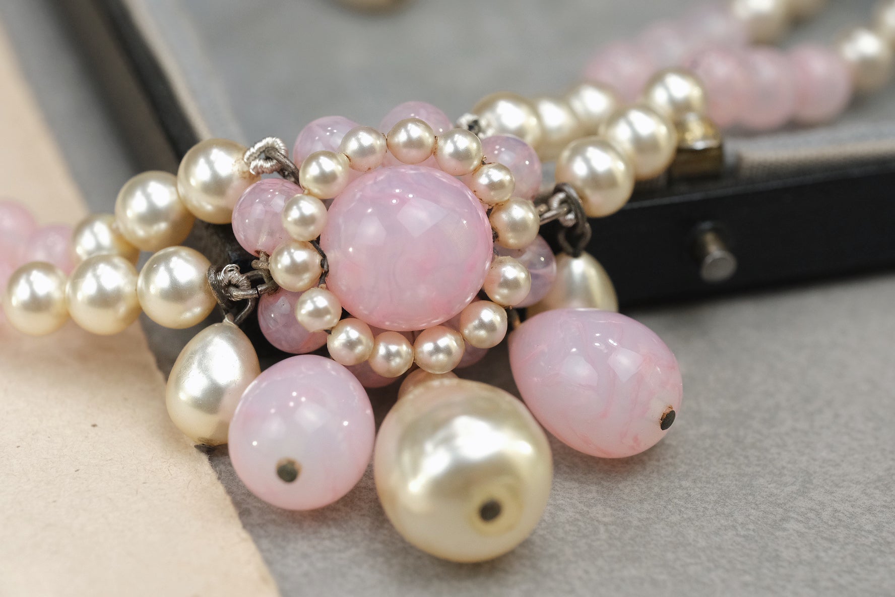 Pink glass and pearl floral necklace detail