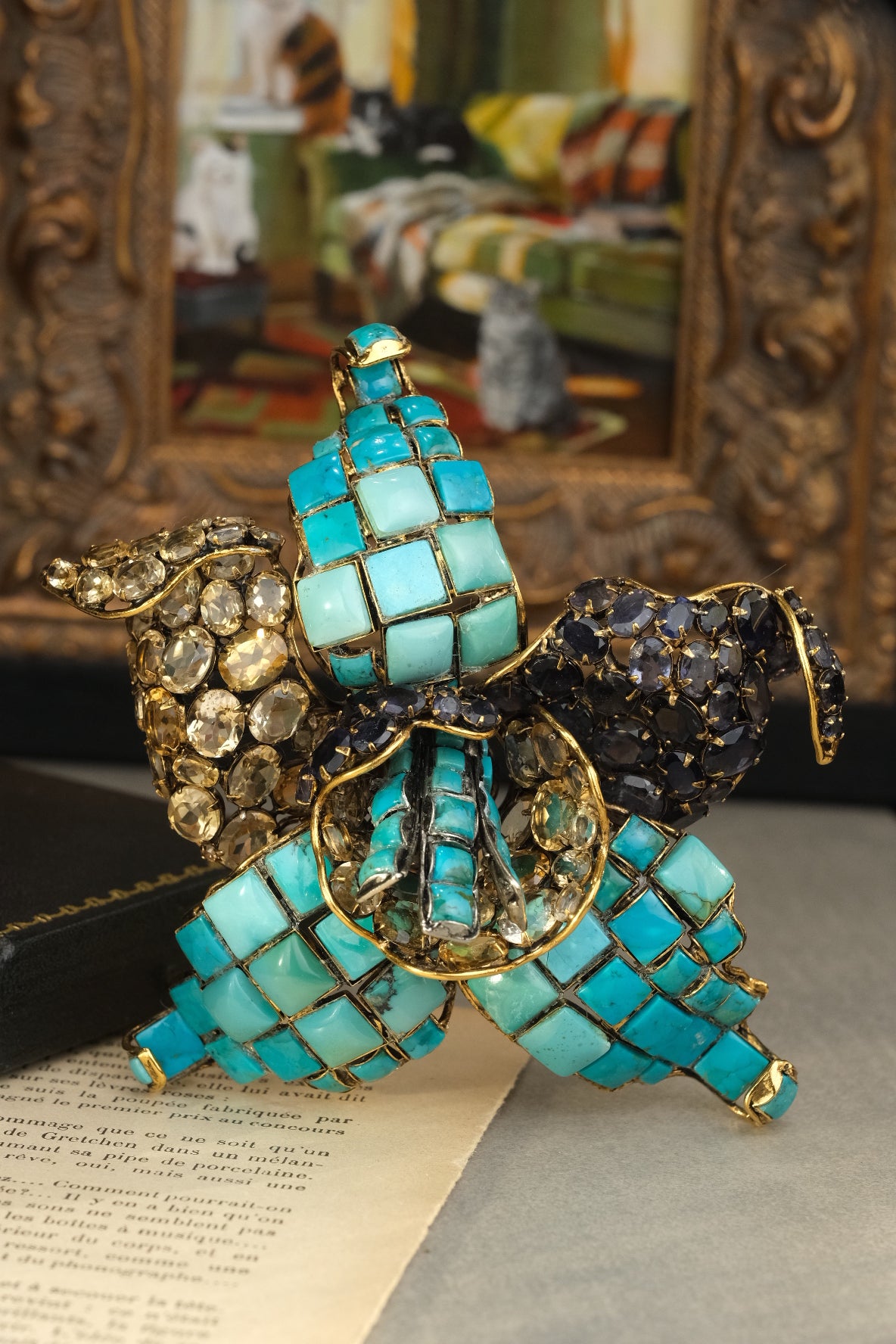 Full view of monumental Iradj Moini turquoise and gemstone orchid brooch