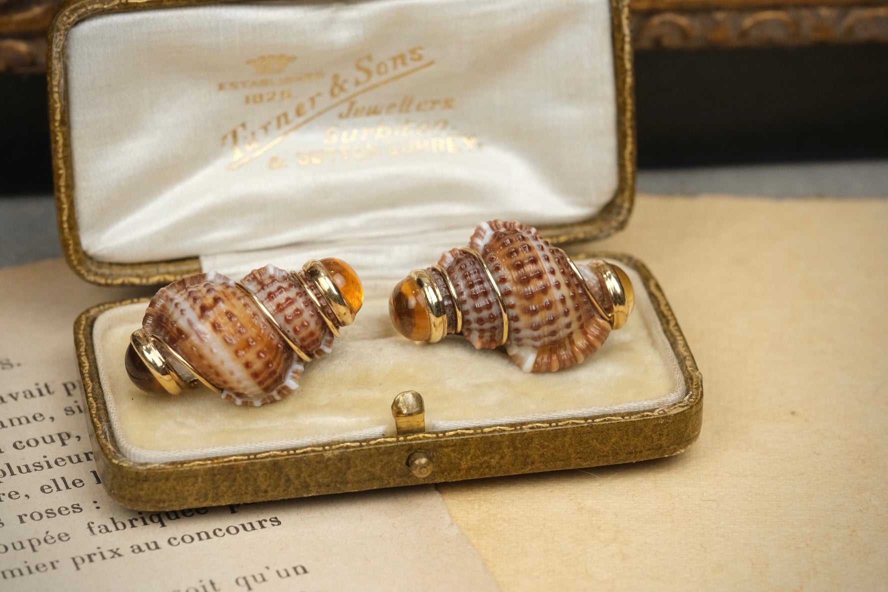 Vintage MAZ 14K gold Turbo Shell citrine clip-on earrings, pair