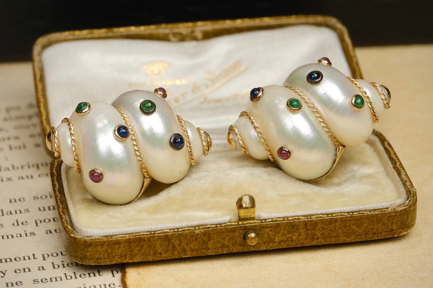 MAZ 14K Turbo Shell clip-on earrings with emerald ruby and sapphire view 2