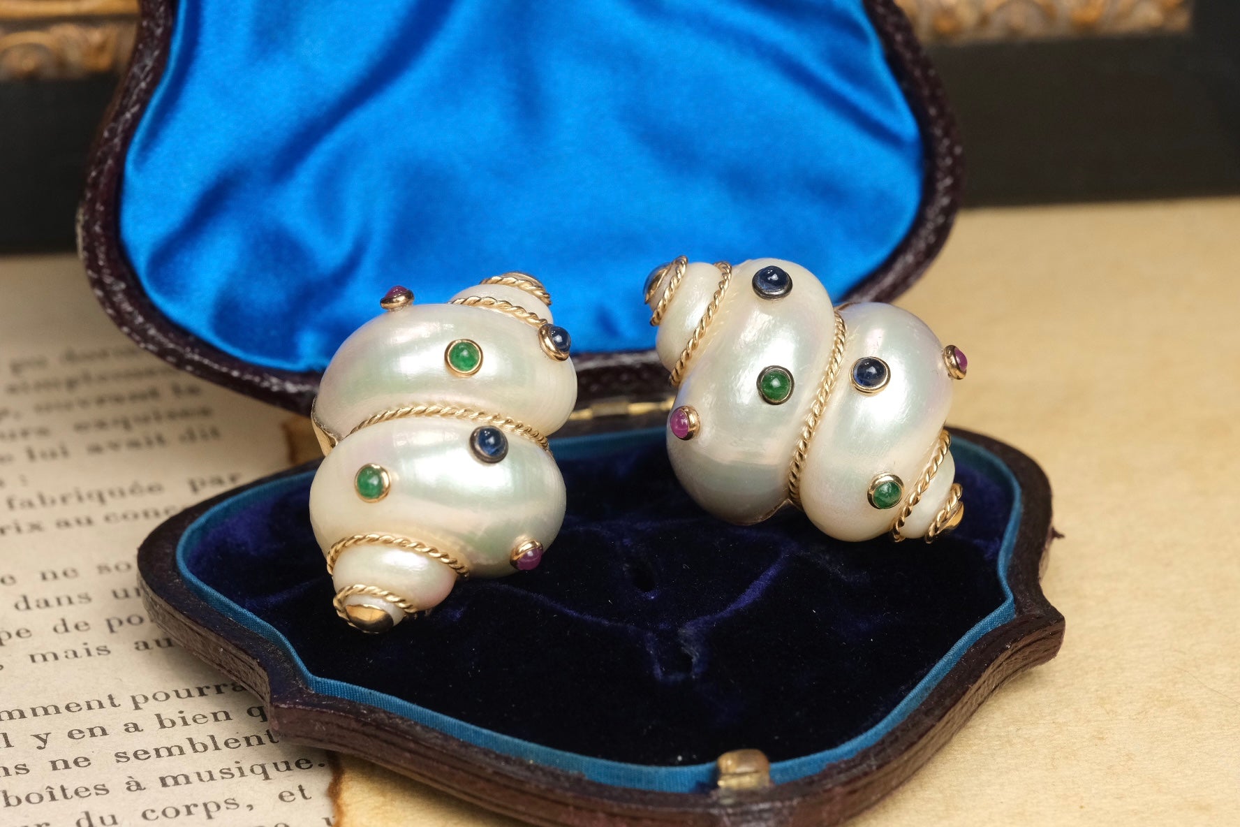 MAZ 14K Turbo Shell clip-on earrings with emerald ruby and sapphire view 3