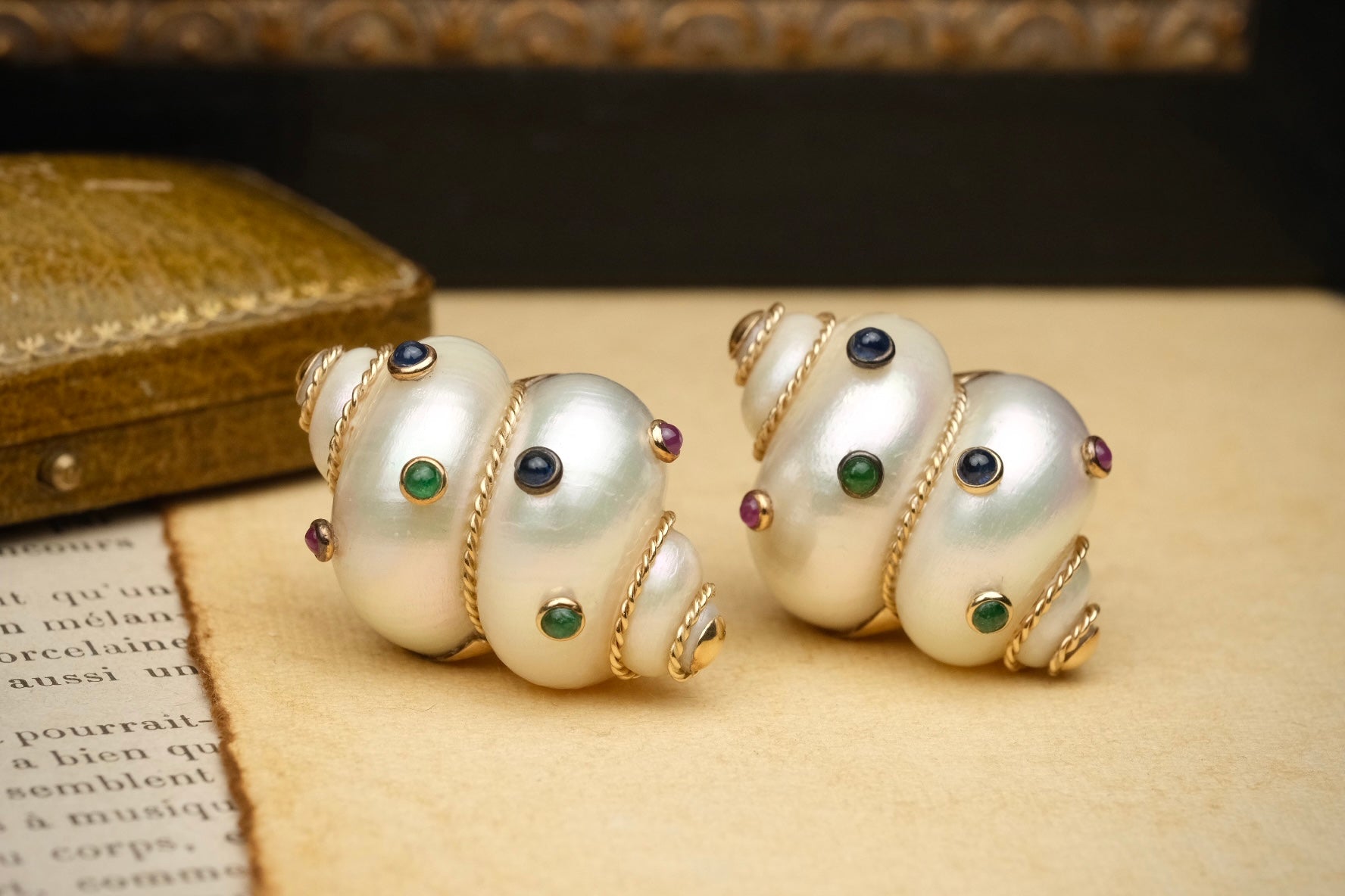 MAZ 14K Turbo Shell clip-on earrings with emerald ruby and sapphire view 4