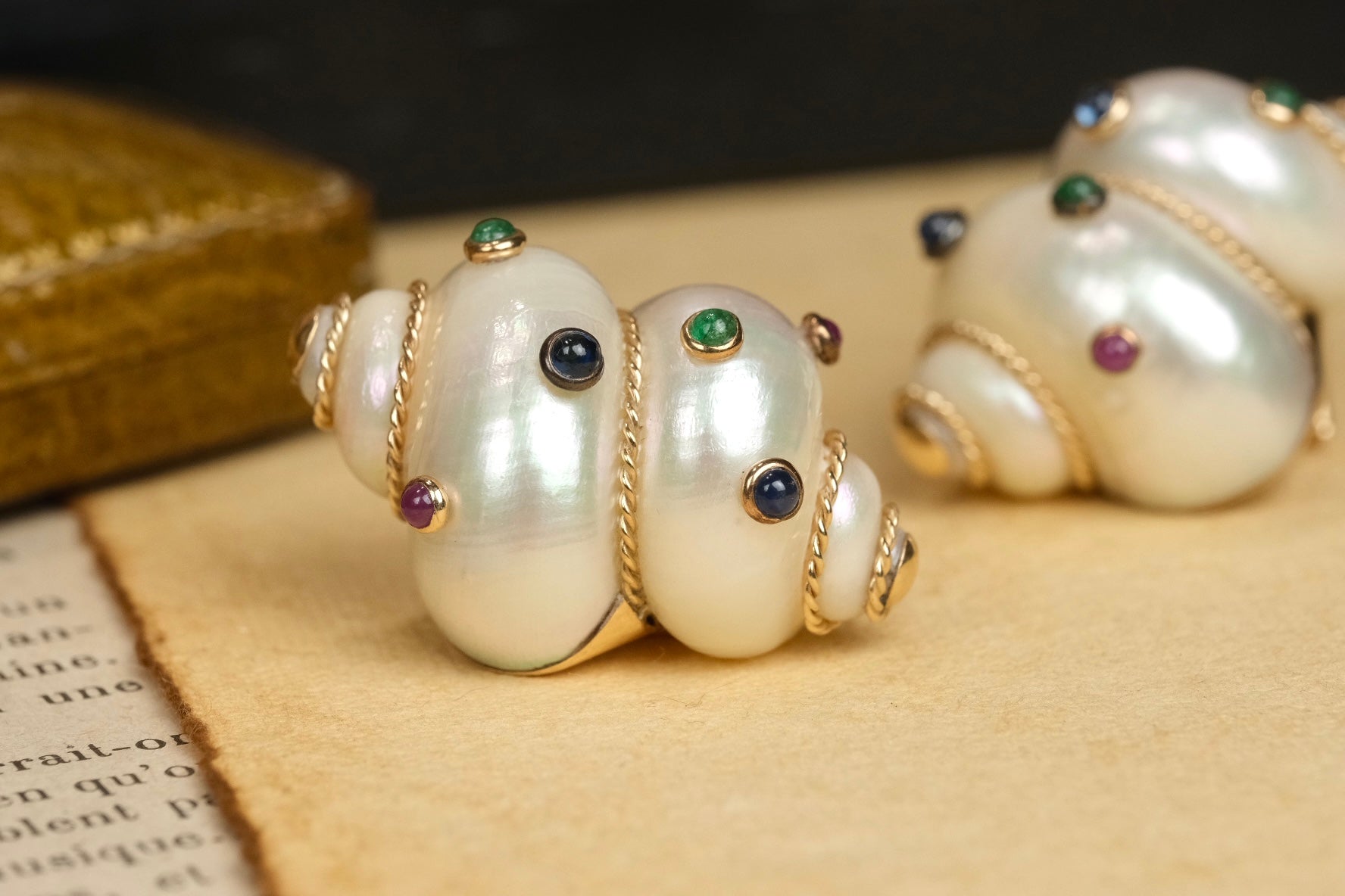 MAZ 14K Turbo Shell clip-on earrings with emerald ruby and sapphire view 5