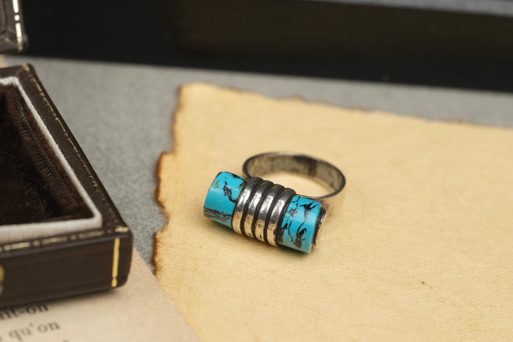Handmade Navajo 925 sterling silver turquoise ring, angled view