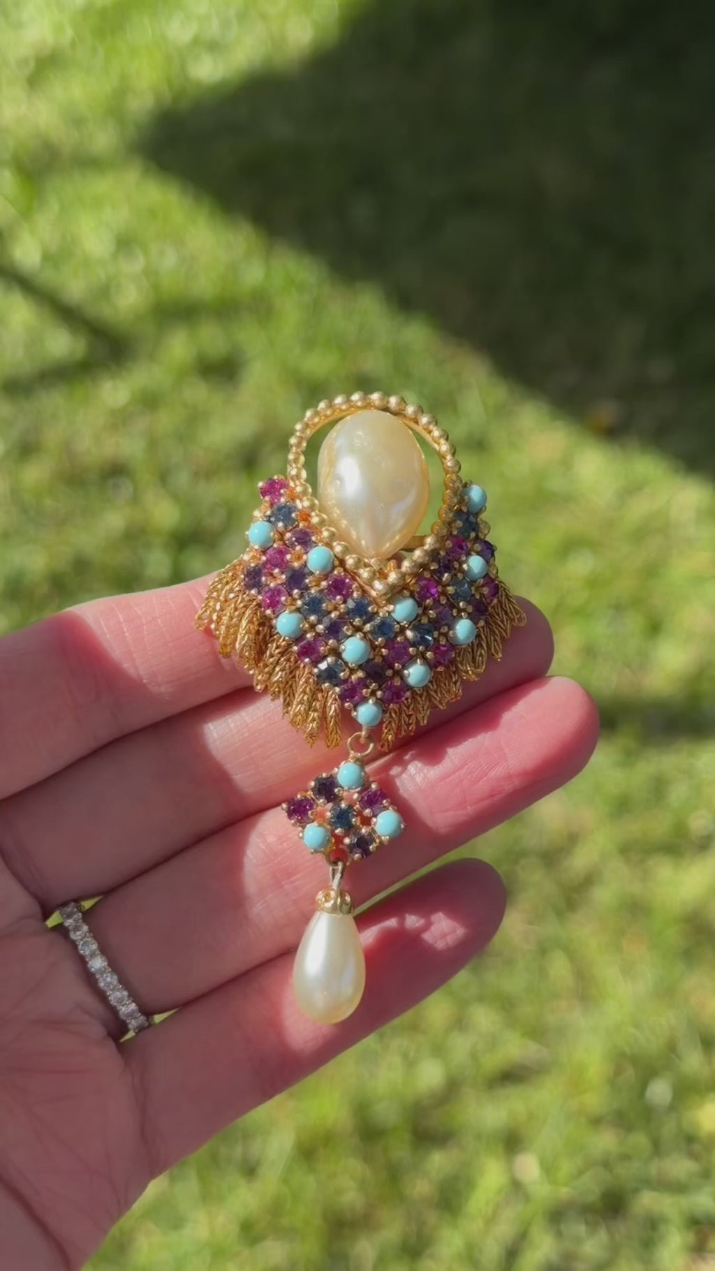 Vintage Unsigned French Made Tassel Brooch With Faux Pearl ,Purple, Magenta, Sapphire Blue Rhinestones and Turquoise Cabochons