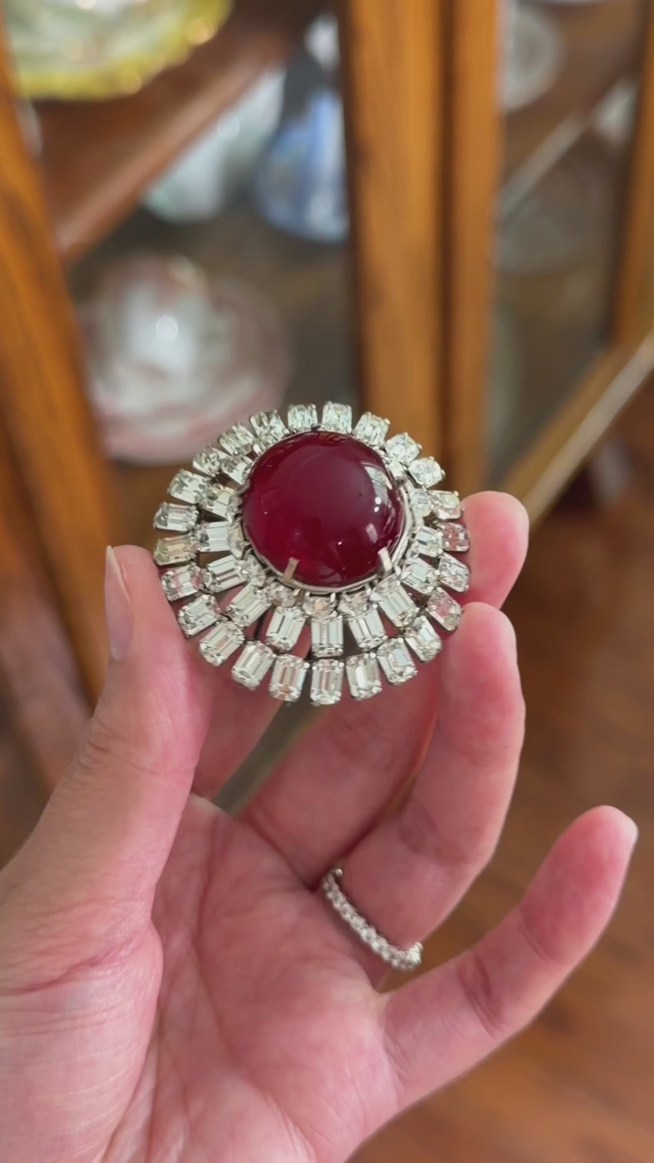 Vintage Roger Jean Pierre French DEPOSE Fur Clip | Large Ruby Red Glass Cabochon & Baguette Rhinestone Brooch | 1950s Couture Jewelry
