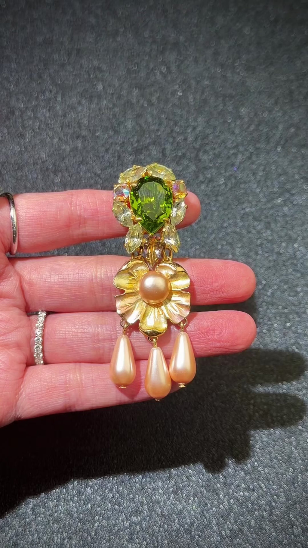 Vintage Depose Signed Art Nouveau Style Enamel Fur Clip Brooch | Olive Green Crystal & Pink Pearl