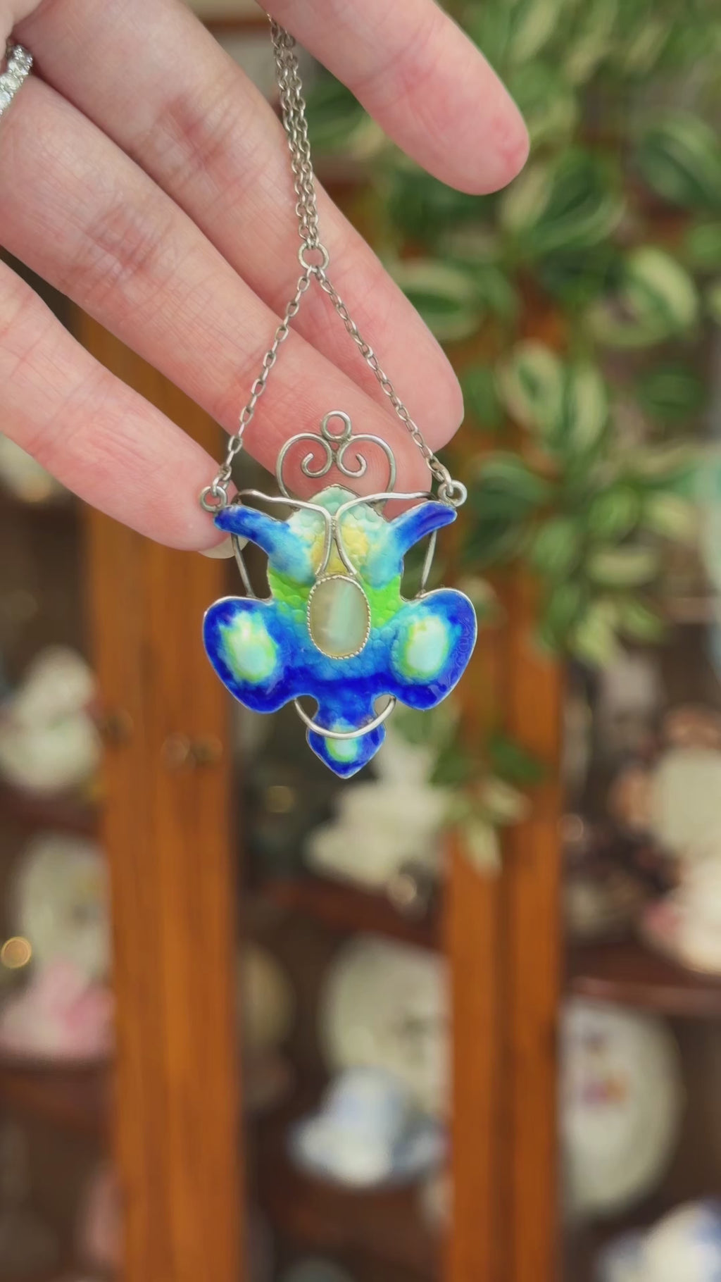 Antique 1910s Arts & Crafts Sterling Silver Enamel Mother of Pearl Tulip Pendant Necklace