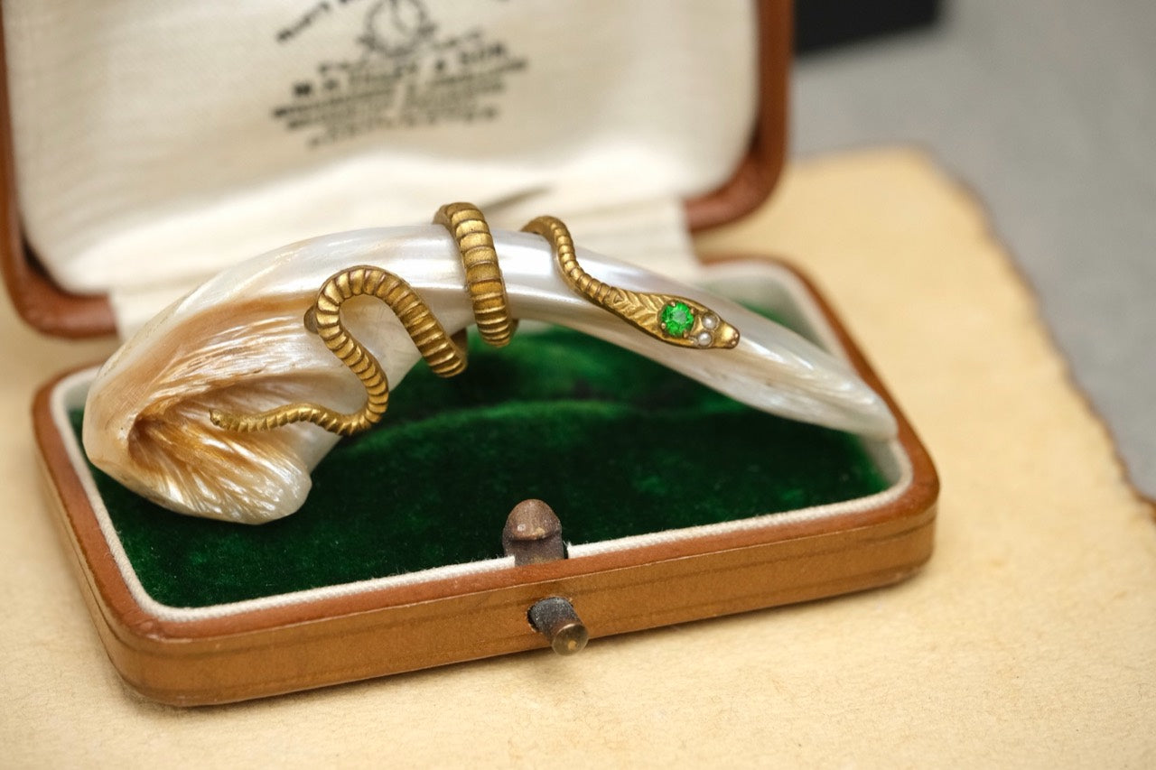 Victorian brass snake and mother of pearl brooch photo 1