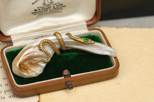 Victorian brass snake and mother of pearl brooch photo 2