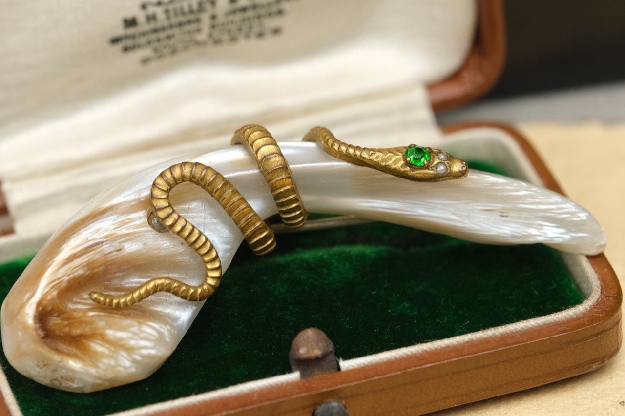 Victorian brass snake and mother of pearl brooch photo 3