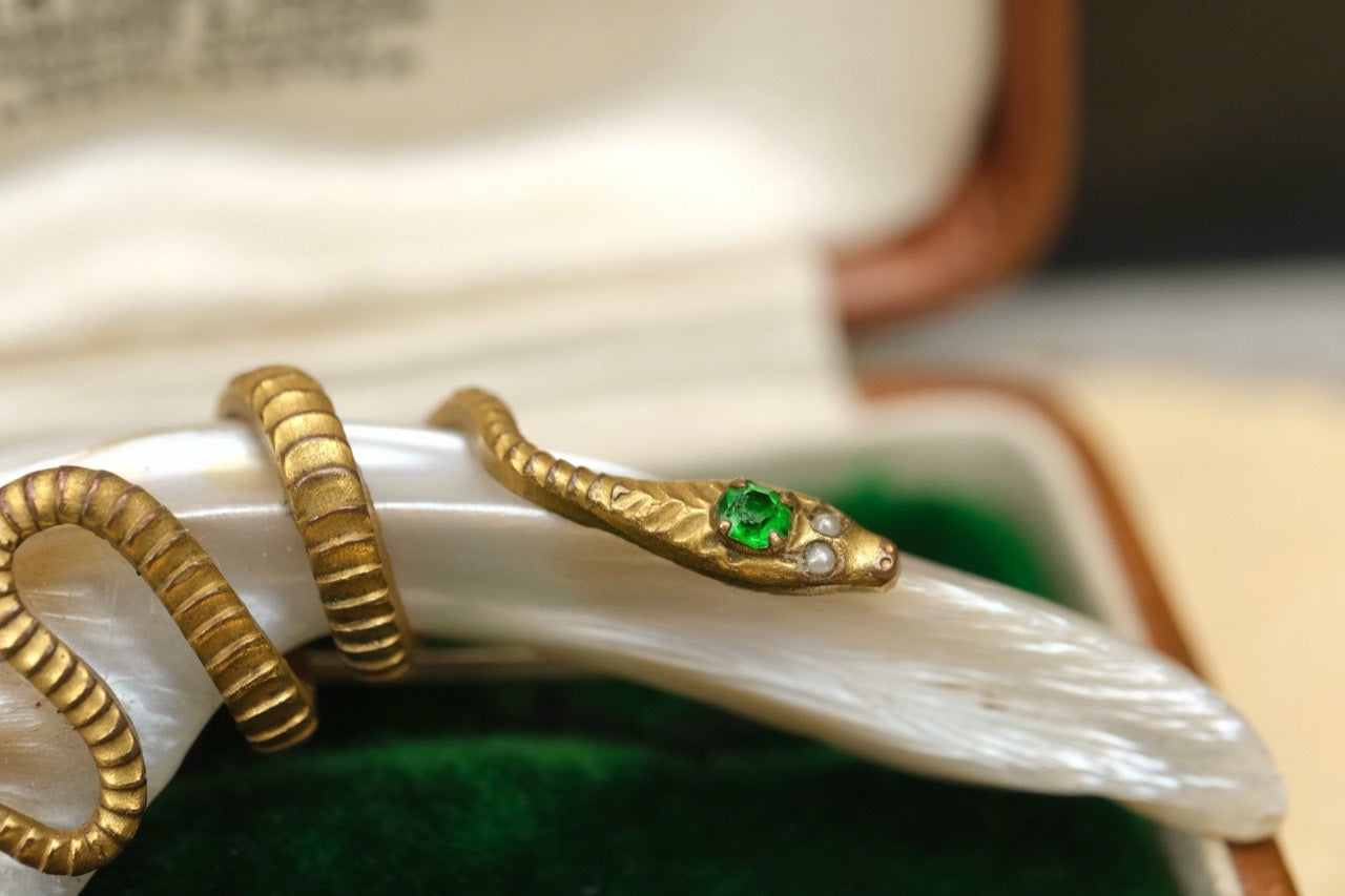 Victorian brass snake and mother of pearl brooch photo 4