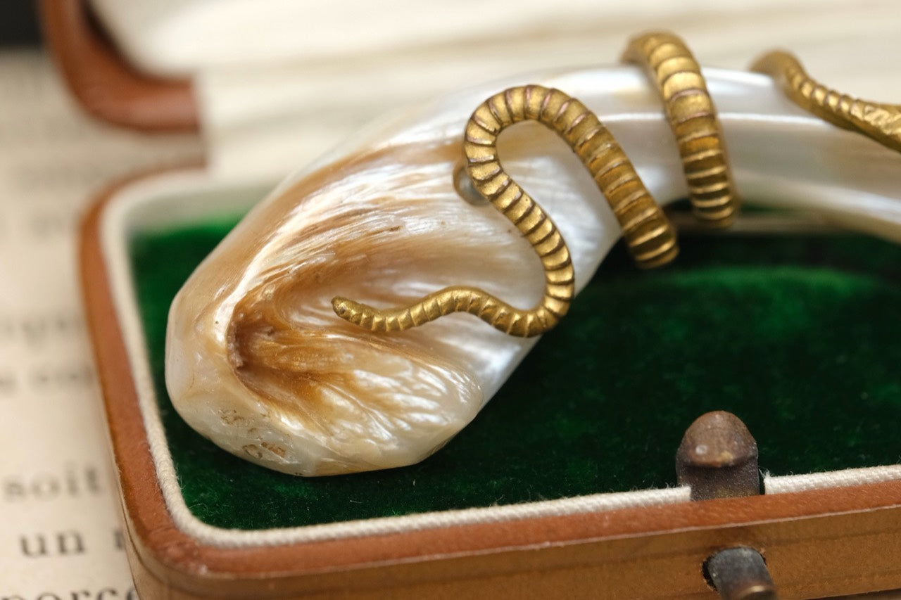 Victorian brass snake and mother of pearl brooch photo 5