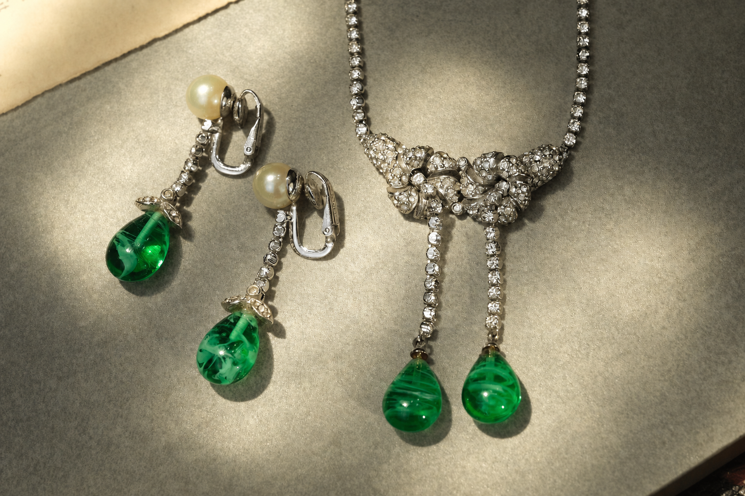 Vintage Ciner necklace and clip-on earrings set with brightened rhinestone details