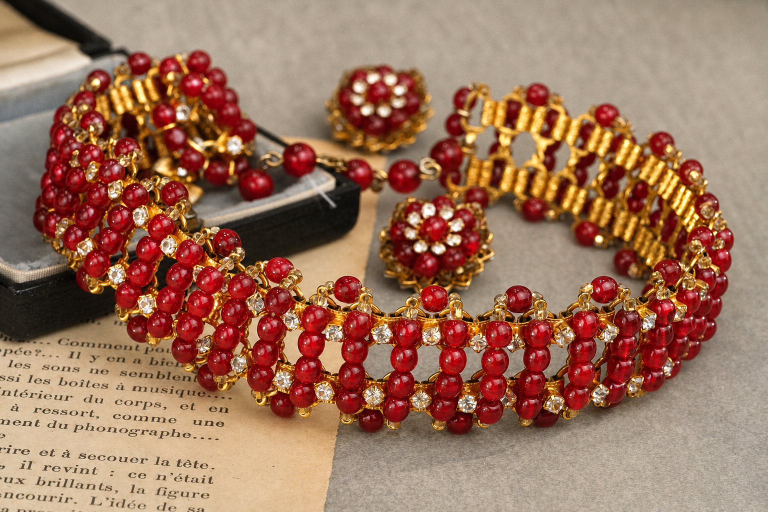 Rare vintage unsigned William DeLillo red glass and rhinestone necklace and clip-on earrings set, full view