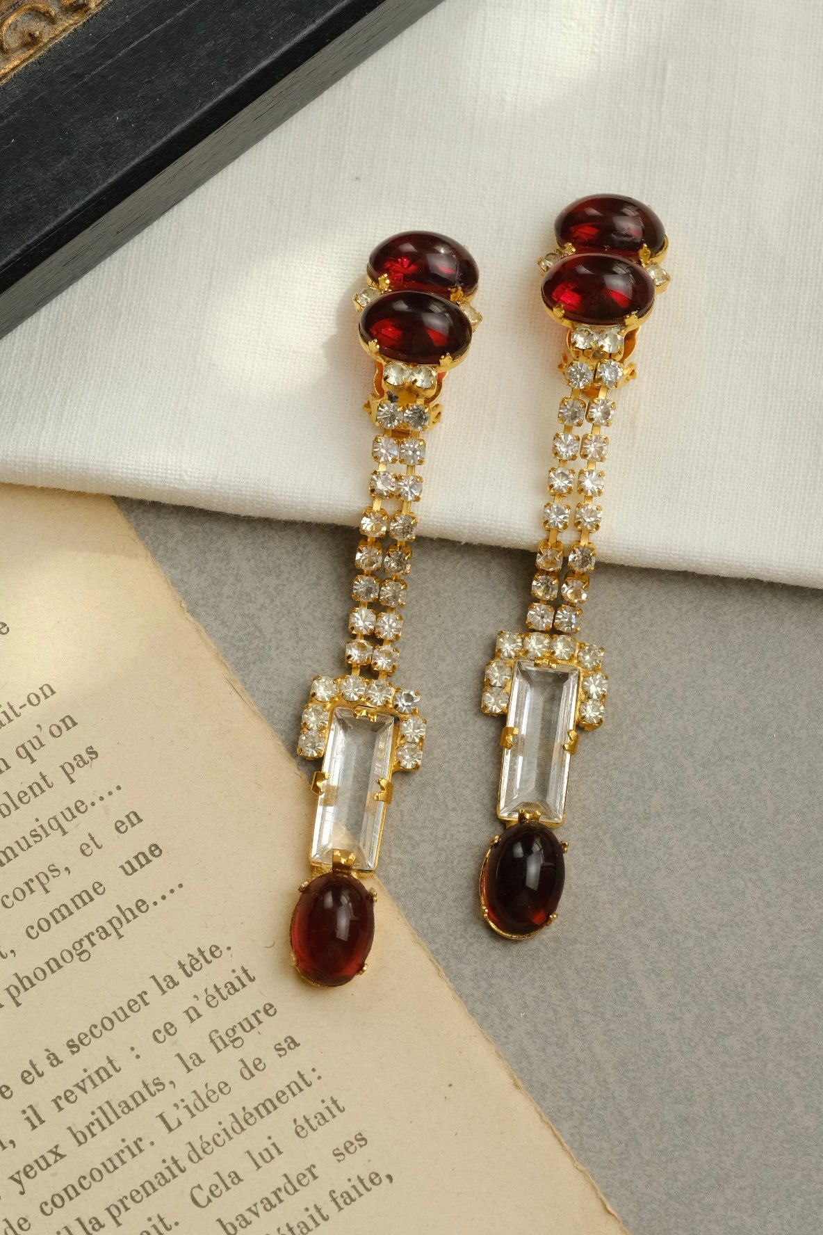 William DeLillo ruby glass and rhinestone long drop clip-on earrings, full view